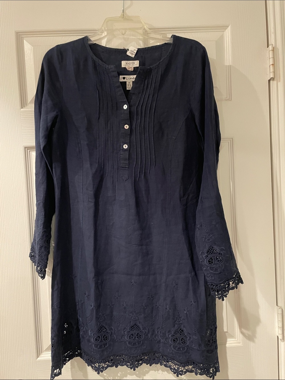 Malvin Germany Navy Pintuck Linen Tunic dress with Eyelet Lace